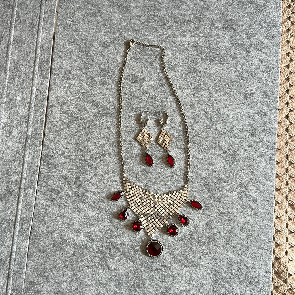 necklace with matching earrings red stone color